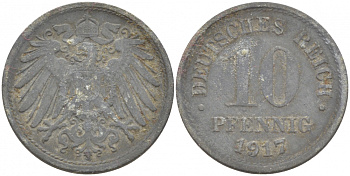 ГЕРМАНИЯ 10 ПФЕННИГОВ 1917 KM 26, J. 299 цинк 110-245