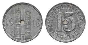 Мюнхен 15 пфеннигов 1918 Funck 348.1A, Men18 22407.1 цинк 4659-364