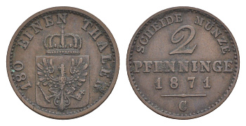 Пруссия 2 пфеннига 1871 C, Вильгельм I (1861-1888) KM 481, Jaeger 51, AKS 107, Olding 425 медь 4651-266