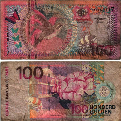 Суринам 100 гульденов 2000 колибри, цветок плюмерии Pick 149 бумага 6283-18-3-2