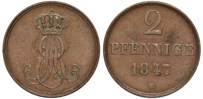 Ганновер 2 пфеннига 1847 B, Эрнст Август (1837-1851) KM 202.1, AKS 124, J. 75 медь 75-1853