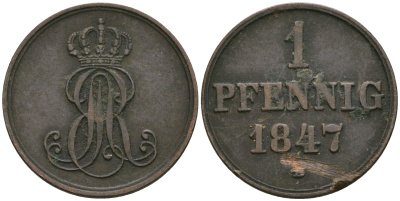 Ганновер 1 пфенниг 1847 B, Эрнст Август (1837-1851) KM 201.1, AKS 129, J. 74 медь 08-1344