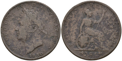 Великобритания 1 фартинг 1830 Георг IV (1820-1830) KM 697, Spink 3825 медь 4146-413