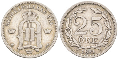 Швеция 25 эре 1881 ЕВ, Оскар II (1872-1907) король Швеции и Норвегии KM 739 серебро 188-1223