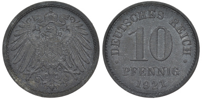 ГЕРМАНИЯ 10 ПФЕННИГОВ 1921 KM 26, J. 299 цинк 45-1266
