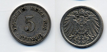 Германия 5 пфеннигов 1908 A KM 11, Jager 12, Weege 6 медно-никель 84-1665