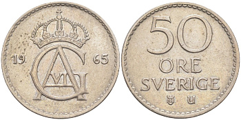 Швеция 50 эре 1965 U, Густав VI Адольф(1950-1973) KM 837 медно-никель 219-936