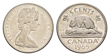 Канада 5 центов 1965 Елизавета II (1952-2022), бобр KM 60.1 никель 4636-567