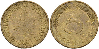 ФРГ 5 пфеннигов 1982 J KM 107 сталь плакированная латунью 4115-457