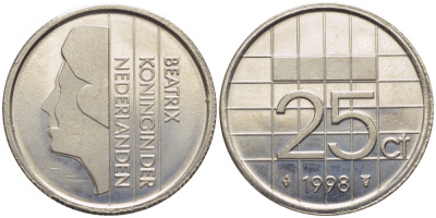 Нидерланды 25 центов 1998 Беатрикс (1980-2013) KM 204 никель UNC 112-336