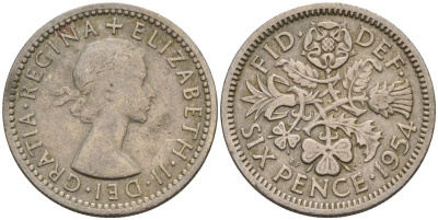 Великобритания 6 пенсов 1954 Елизавета II (1952-2022) KM 903, Spink 4149 медно-никель 4154-234