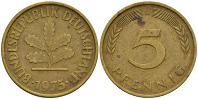 ФРГ 5 пфеннигов 1975 D J.382, KM 107 сталь плакированная латунью    4598-956