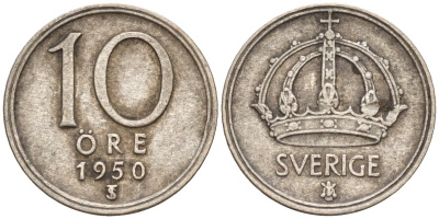 Швеция 10 эре 1950 TS, Густав V (1907-1950) KM 813 серебро 4147-856