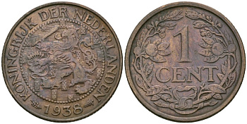 Нидерланды 1 цент 1938 Вильгельмина (1890-1948) KM 152 бронза 4576-1136