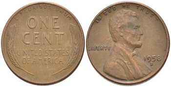 США 1 ЦЕНТ 1958 D, ЛИНКОЛЬН KM А132 медь цинк 218-1044