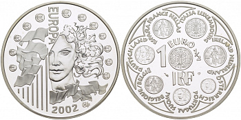 Франция 1 1/2 евро 2002 введение евро KM 1301 серебро PROOF 04-011-11