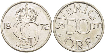 Швеция 50 эре 1978 U, Карл XVI Густав (1973- ) KM 855 медно-никель 177-244