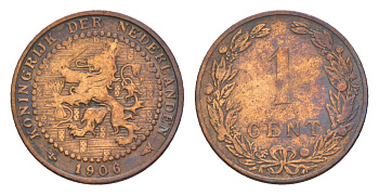 Нидерланды 1 цент 1906 Вильгельмина (1890-1948) KM 132 бронза 73-643