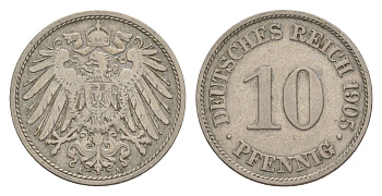 Германия 10 пфеннигов 1905 A, Вильгельм II (1888-1918) KM 12, J. 13 медно-никель 4640-259