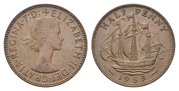 Великобритания 1/2 пенни 1959 Елизавета II (1952-2022) KM 896, Spink 4158 бронза 4662-1153
