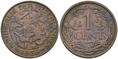 Нидерланды 1 цент 1938 Вильгельмина (1890-1948) KM 152 бронза 4576-1136
