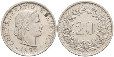 Швейцария 20 раппенов 1970 KM 29a медно-никель 55-922