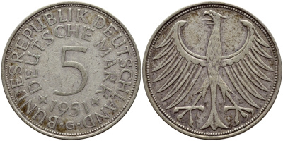 ФРГ 5 марок 1951 G, KM 112.1, J.387 серебро 4683-624