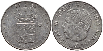 Швеция 1 крона 1969 Густав VI Адольф (1950-1973) KM 826a медь плакированная медно-никелем 4388-621