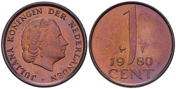 Нидерланды 1 цент 1980 Юлиана (1949-1980) KM 180 бронза 66-431