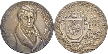 ШВЕЦИЯ МЕДАЛЬ 1920 К 100-ЛЕТИЮ СОЗДАНИЯ ПЕРВОГО СБЕРЕГАТЕЛЬНОГО БАНКА В ГЁТЕБОРГЕ, ЭДУАРДОМ ЛЮДЕНДОРФОМ (1820-1920), МЕДАЛЬЕР S. KULLE, ДИАМЕТР 45 ММ. серебро 00-000-00