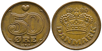 Дания 50 эре 1990 Маргрете II (1972- ) KM 866.2 бронза 4179-1044