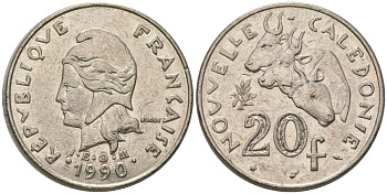 Французская Новая Каледония 20 франков 1990 три быка, (IEOM) KM 12, Schoen 14, Lec 113 никель 4123-911