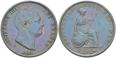 Великобритания 1/2 пенни 1834 Вильгельм IV (1830-1837) KM 706, Spink 3847 медь 1515-2213