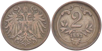 АВСТРИЯ 2 ГЕЛЛЕРА 1893 ФРАНЦ ИОСИФ KM 2801 бронза 4396-1164