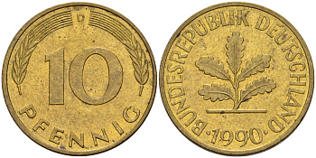 ФРГ 10 пфеннигов 1990 D KM 108, J. 383 сталь плакированная латунью 4171-156
