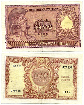 Италия 100 лир 1951 Афина в шлеме, Di Cristina, Cavallaro Pick 92 b бумага 7484-15-1