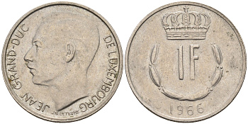 Люксембург 1 франк 1966 великий герцог Жан KM 55 медно-никель    4142-435