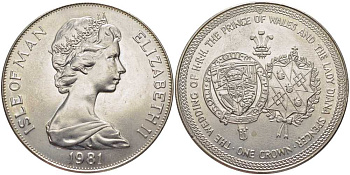 Остров Мэн 1 крона 1981 Королевская свадьба принца Чарльза и леди Дианы, гербы KM 81 медно-никель UNC 107-611