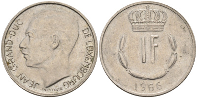 Люксембург 1 франк 1966 великий герцог Жан KM 55 медно-никель    4142-435