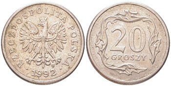 Польша 20 грошей 1992 Y 280 медно-никель UNC 4614-644