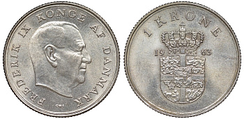 Дания 1 крона 1963 Фредерик IX (1947-1972) KM 851 медно-никель 4165-723