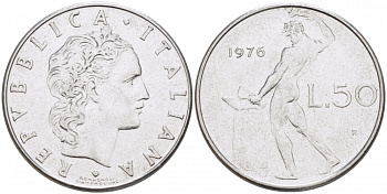 ИТАЛИЯ 50 ЛИР 1976 R КУЗНЕЦ KM 95.1 сталь 77-854