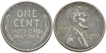США 1 цент 1943 Авраам Линкольн KM 132а сталь плакированная цинком 3309-457