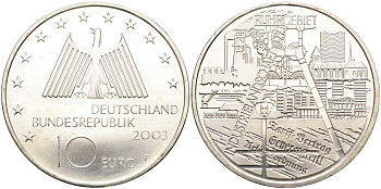 ФРГ 10 евро 2003 F, Рурский бассейн, промышленная зона KM 224, DE.S. 10.10 серебро PROOF 02-078-13