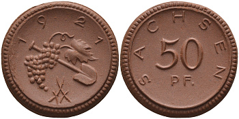 Саксония 50 пфеннигов 1921 виноград и лопата J. N 54 фарфор 1094-5-81