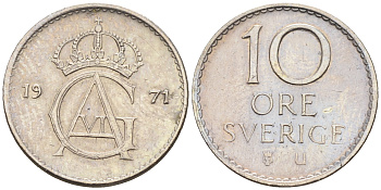 Швеция 10 эре 1971 U, Густав VI Адольф (1950-1973) КМ 835 медно-никель 4169-116