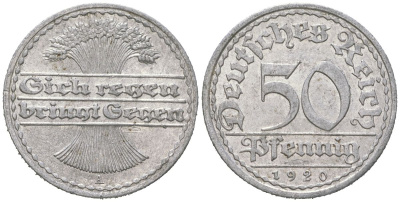 Германия 50 пфеннигов 1920 A KM 27, J. 301 алюминий 113-551