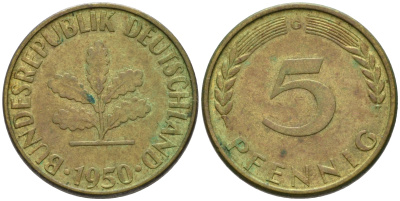 ФРГ 5 ПФЕННИГОВ 1950 G KM 107, J.382 сталь плакированная латунью 75-454
