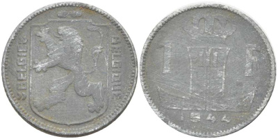 БЕЛЬГИЯ 1 ФРАНК 1944 BELGIE-BELGIQUE, ЛЕОПОЛЬД II (1934-1950), ГЕРМАНСКАЯ ОККУПАЦИЯ, ВТОРАЯ МИРОВАЯ ВОЙНА KM 128 цинк 202-937