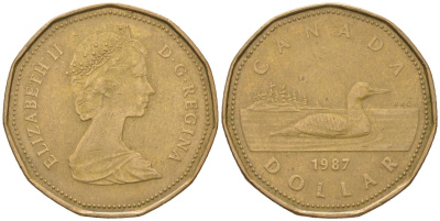 Канада 1 доллар 1987 Елизавета II (1952-2022), утка KM 157 никель плакированный позолоченной бронзой 4616-814